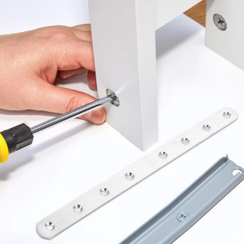 Straight Flat Brackets Set Of Four Stainless Steel Joining Plates for DIY furniture assembly with hand using screwdriver