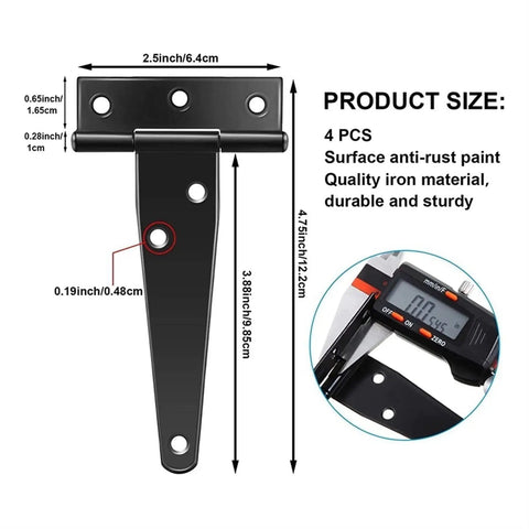 Heavy Duty T Hinges For Interior Doors Exterior Gates Barn Fences And Sheds Kickass Sturdy Construction displaying dimensions and materials.
