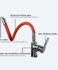 ZBSAVFM Rotating Black Kitchen Faucet with Silica Gel Nozzle Hot & Cold Water Mixer Single Handle Flexible Design - Stylish Red Finish showcasing its rotative pipe and anti-skidding handle.