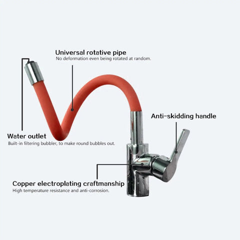 ZBSAVFM Rotating Black Kitchen Faucet with Silica Gel Nozzle Hot & Cold Water Mixer Single Handle Flexible Design - Stylish Red Finish showcasing its rotative pipe and anti-skidding handle.