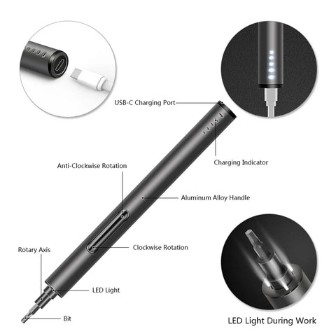 Compact Mini Electric Screwdriver Kit with LED light, aluminum alloy handle, USB-C port, and charging indicator for tech repairs.
