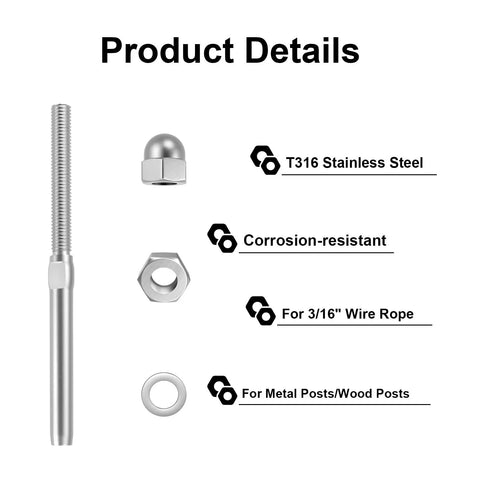 10 Pack 3 By 16 Inch Cable Railing Swage Threaded End Fittings Tension Terminals For Deck Railing 316 Stainless Steel Marine Grade Easy Install Indoor Outdoor Cable Rail Hardware diagram
