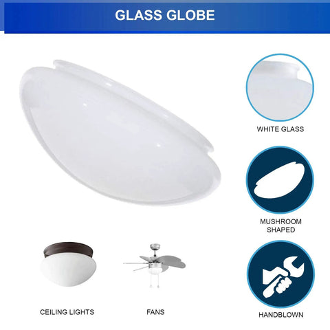 10 Inch White Classic Globe Glass Shade Dome For Pendant Lights And Ceiling Fans Replacement Mushroom Shade For Bathroom And Kitchen Island Decor Fitter 9 7 8 Inch Easy Fit, showing white glass material and mushroom shape, compatible with ceiling lights and fans.