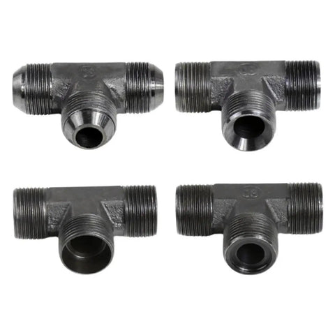 Heavy Duty Carbon Steel Hydraulic Male Tee Fitting Kit Sizes M10 to M24 for High Pressure Fluid Control Systems Built to Kill it on Job Site Without Any Messy Problems or Leaking Fluid Everywhere When You Are Under Pressure Making Serious Cash. carbon steel hydraulic tee fittings, front view