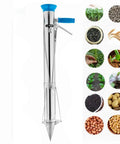 Semi Automatic Long Handled Garden Planter Tool For Seedlings And Bulbs with blue handle and various seeds image