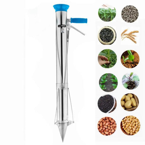 Semi Automatic Long Handled Garden Planter Tool For Seedlings And Bulbs with blue handle and various seeds image