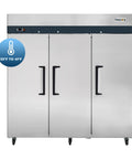Hella Spacious Three Door Reach In Refrigerator Loaded With Seventy Two Cubic Feet Of Chilling Capacity For Commercial Kitchens with stainless steel finish.