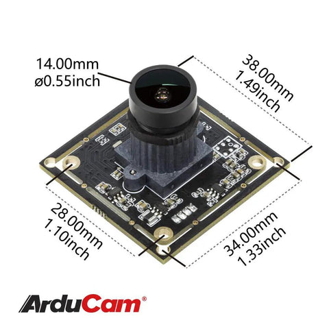 Diagram of 1080P Low Light WDR USB Camera Module With Microphone showing dimensions, featuring 160 Degree Fisheye Lens and USB interface