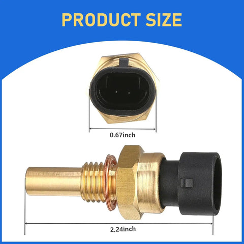 Engine Temperature Sensor Replacement For Auto DIY Friendly Durable Automotive Temperature Sensor Compatible With Delphi 15404280 12191170 60811520 12608814 Gold Finish FASCGQ2001GO 1 Pack showing side and top view with measurements.