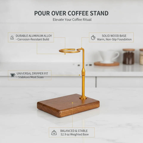 Sleek Pour Over Coffee Stand With Aluminum Dripper Holder And Solid Wood Base For Manual Brewing Stations, featuring a durable aluminum design and wooden base.