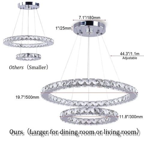 LED Modern Crystal Ring Pendant Chandelier With Two Adjustable Rings And K9 Crystals, Stainless Steel Ceiling Light Fixture, 19.7 By 11.8 Inches, Adjustable Cable Height Up To 44.3 Inches, White Finish For Dining Room And Living Room