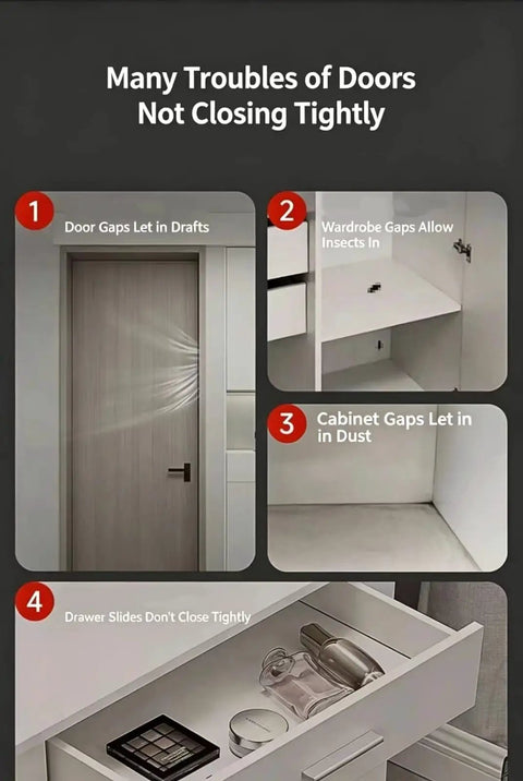 Infographic showing four issues from door gaps, highlighting need for Magnetic Cabinet Door Catch With Single Or Dual Magnet Options.
