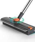 3 In 1 Floor Scrub Brush With Long Adjustable Handle Heavy Duty Stiff Bristles And 90 Degree Design Squeegee And Tweezer For Cleaning Bathrooms Kitchens Garages Tiles Decks And Patios Gray, close-up view.