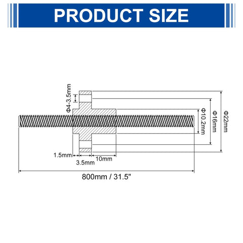 Detailed diagram showing dimensions of Badass 800Mm Tr8X8 Acme Lead Screw With Solid Brass Nut for CNC printer mods.