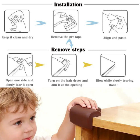 Installation instructions for 12 Pack Soft Foam Corner Guards For Baby Proofing And Toddler Safety with visuals.