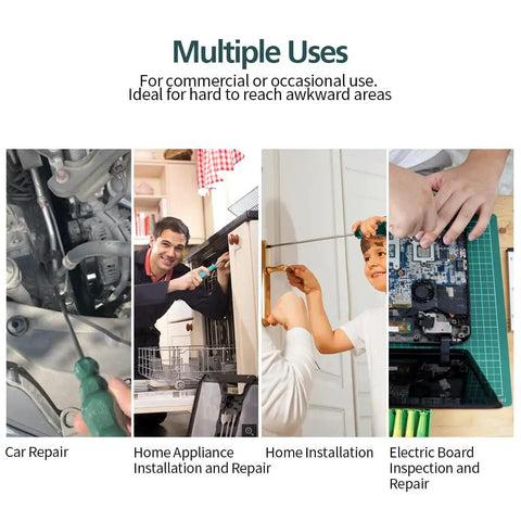 Various uses of Extra Long Magnetic Torx Screwdriver Set For Tough Reach Jobs in car repair, home appliance, and electronics.