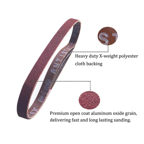 Three Eighths By Thirteen Inch Aluminum Oxide Sanding Belts Twenty Four Pack With Four Belts Each Of Assorted Grits 40 60 80 120 180 240 For Air Belt Sander Heavy Duty Open Coat Polyester Backing Long Lasting Sanding Performance, zoom on grit texture and belt backing.