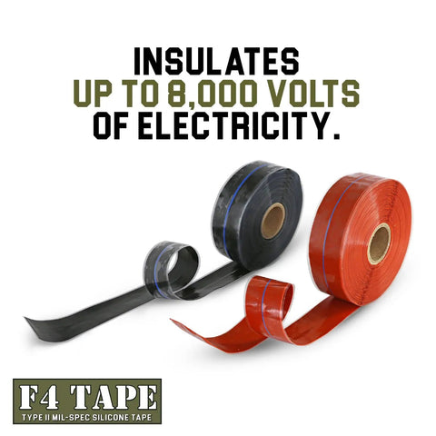 Black and red silicone self-fusing tape rolls, insulates up to 8,000 volts, shown for quick pipe and radiator repairs.