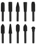 Roll Up Your Sleeves And Get Work Done Fast With This Rock Solid 10 Piece Rotary Rasp File Set Featuring A Standard Quarter Inch Hex Shank. Ten black rotary rasp files with varied shapes and sizes.
