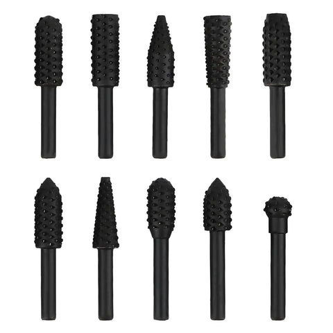 Roll Up Your Sleeves And Get Work Done Fast With This Rock Solid 10 Piece Rotary Rasp File Set Featuring A Standard Quarter Inch Hex Shank. Ten black rotary rasp files with varied shapes and sizes.