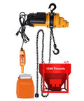 Heavy Duty Electric Chain Hoist 1100 Lb Capacity with orange control, steel hook, and chain for lifting materials smoothly.