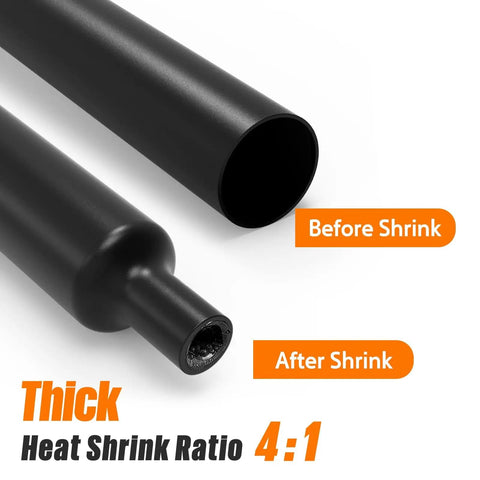 Before and after shrink view of Pro Grade Do It All Heat Shrink Tubing Kit 100 PCS 3.54 Inch Length 4:1 Ratio Adhesive Lined Dual Wall