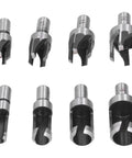 Rugged Carbon Steel Wood Plug Drill Bit Cutter Set With Spiral Claw Design Eight Piece Kit showing various sizes of drill bits.
