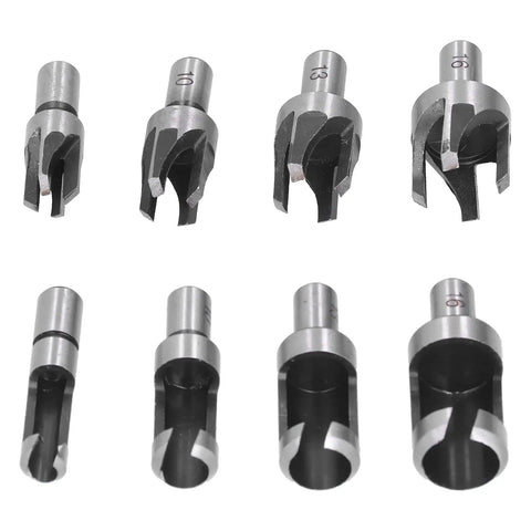 Rugged Carbon Steel Wood Plug Drill Bit Cutter Set With Spiral Claw Design Eight Piece Kit showing various sizes of drill bits.