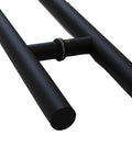 Stainless Steel Round H Shaped Push Pull Door Handles Double Sided Beefy Yet Sleek Commercial Pull For Sliding Doors And Glass Entry Doors Anodized Matte Black Finish 24 Inch Heavy Duty Modern Hardware, black H-handle close-up