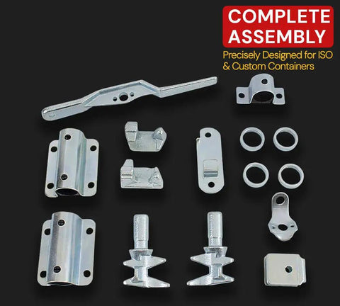 Two Pack Container Door Lock Parts Kit Without Operation Bar For Shipping Containers, Rugged Latch Components Include Bar End Insert One Inch Outer Diameter And Plastic Sleeve One And A Half Inch Inner Diameter, Great For Repairs, showing complete assembly of metal latch components including bar end inserts and plastic sleeves.