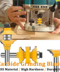 Three Piece 1/2 Inch Shank Router Bit Set For Classical Extended Tenon And Pro-Grade Heavy Duty Door Rail Stile Milling Kit For Doors, Cabinets, Shelves, And Frames CNC Ready in use with CNC router, close-up view