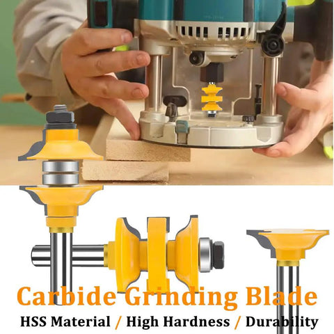 Three Piece 1/2 Inch Shank Router Bit Set For Classical Extended Tenon And Pro-Grade Heavy Duty Door Rail Stile Milling Kit For Doors, Cabinets, Shelves, And Frames CNC Ready in use with CNC router, close-up view