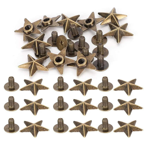Star-shaped bronze stud rivets with screw posts and washers, 50-piece DIY clothing/shoe/purse set