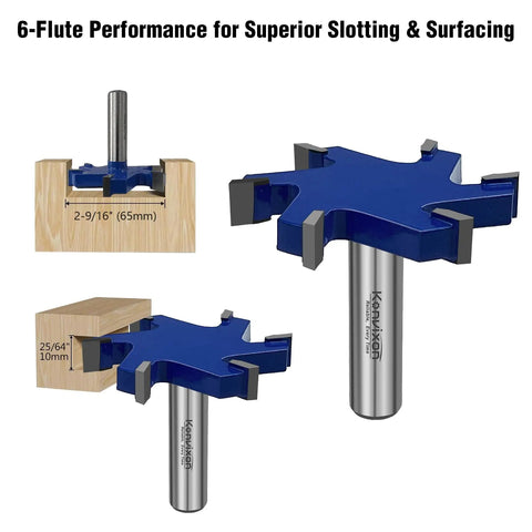 Extra Large Six Flute CNC Spoilboard Surfacing Router Bit With Half Inch Shank Two And Nine Sixteenths Inch Diameter Ten Millimeter Cutting Length Slab Flattening Planer For Woodworking And Milling shown with dimensions and installation examples.