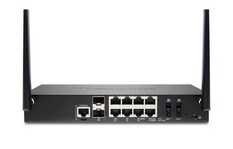 TZ570W Next Gen Firewall With Three Year Advanced Protection Suite And Poe Multi Gigabit Throughput rear view with antennas and ports.