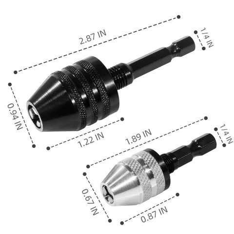 1/4 Inch Hex Shank Keyless Drill Chuck Quick Change Adapter Converter For Impact Drills And Electric Tools, Two Pack, black and silver design
