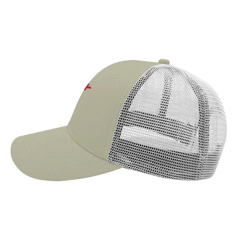 Side view of apricot baseball cap for men, camp hat with sun shield and printed design, ideal dad gift, eye-catching outdoor hat for summer.