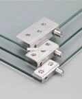 Two Pack Stainless Steel Glass Door Hinges for 5-8mm, 8-10mm, and 10-12mm Frameless Panels, showing installation on glass panels