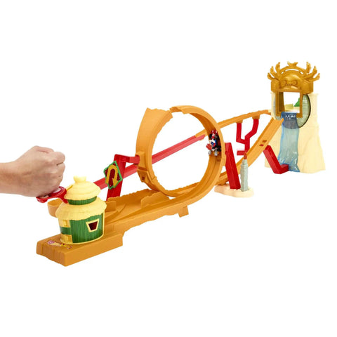 Mario Kart Track Set And Die Cast Toy Car Jungle Kingdom Raceway With Waterfall Jump, playset shown with hand launching action