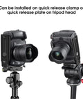 Versatile DSLR L Bracket for quick portrait-to-landscape swaps with quick release plate on tripod head, Canon Nikon setups.
