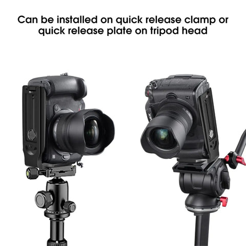 Versatile DSLR L Bracket for quick portrait-to-landscape swaps with quick release plate on tripod head, Canon Nikon setups.