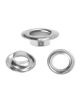 Metal grommet and washer set, 3/8 in (10 mm), silver finish; three components shown