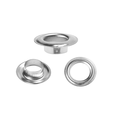 Metal grommet and washer set, 3/8 in (10 mm), silver finish; three components shown