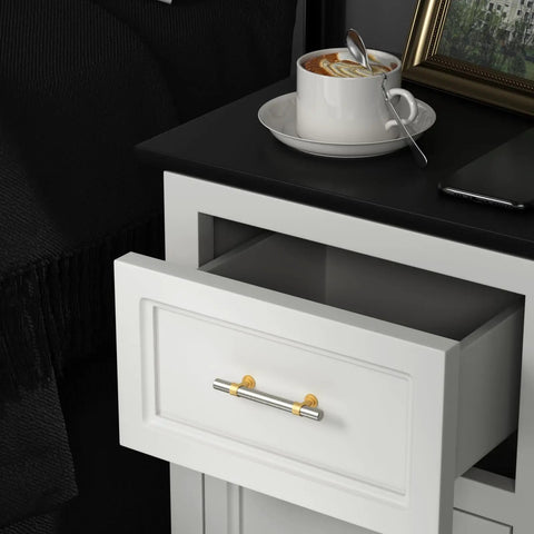 Close-up of white drawer with 20 Pack 5 Inch Two Tone Brushed Nickel And Gold Cabinet Pulls Silver Cabinet Handles installed