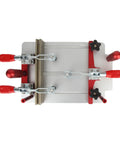 Top view of Pro Grade Adjustable Coping Sled Router Table Jig with clear acrylic dust board, showing red clamping handles and metal bars.
