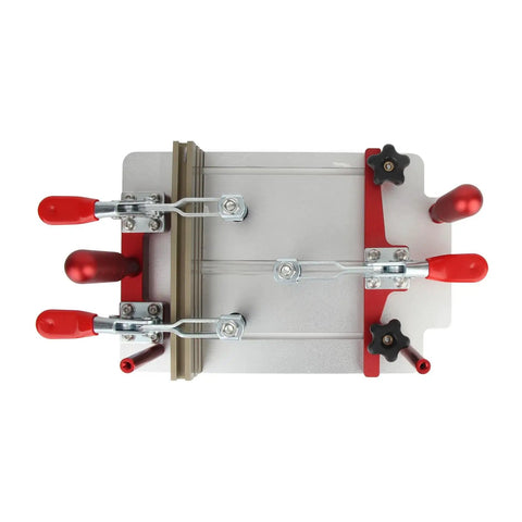 Heavy Duty Coping Sled Router Table Jig Solid Aluminum Guide with quick release clamps from above, featuring a clear dust shield.