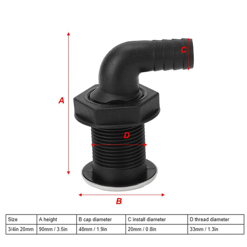 Nylon Through Hull Fittings For Boats Three Quarters Inch Twenty Millimeter Drain Plug Twist Adjustable, side view with measurements