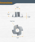 5/16-18 Tee Nuts, 4 Pronged, 50 Pack For Bolts And Stem Casters, dimensions illustration, side and top view