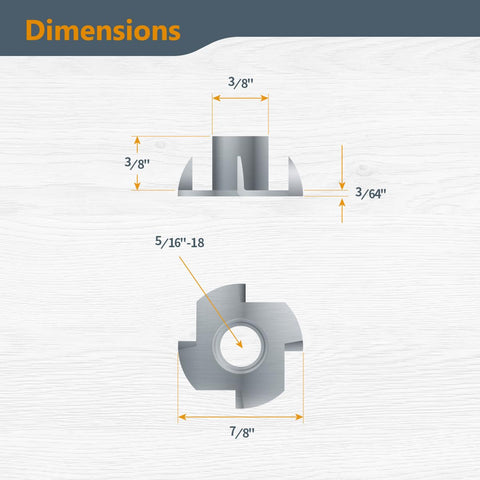 5/16-18 Tee Nuts, 4 Pronged, 50 Pack For Bolts And Stem Casters, dimensions illustration, side and top view