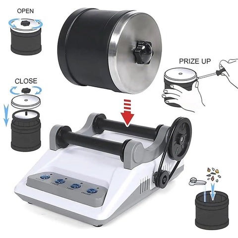 Tumbler Machine For Gem Enthusiasts DIY Stone Polisher With 7 Day Timer Detachable Electric Grinder Gem Polishing Kit For Beginners showing assembly steps
